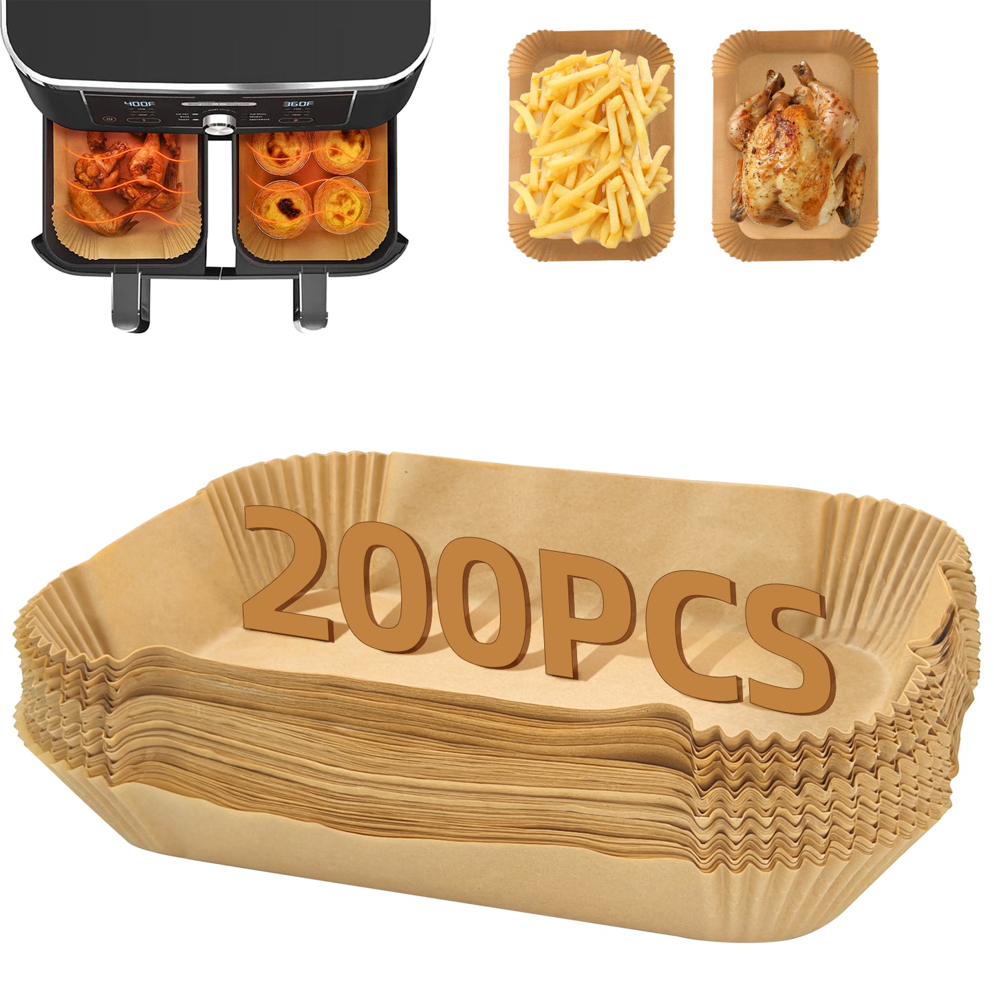 200PC Ninja Air Fryer Liners Disposable, Air Fryer Paper Liners for Ninja Air Fryer Dual, Airfryer Food Grade Accessories for AF300UK AF400UK, Salter, Other Dual Airfryer
